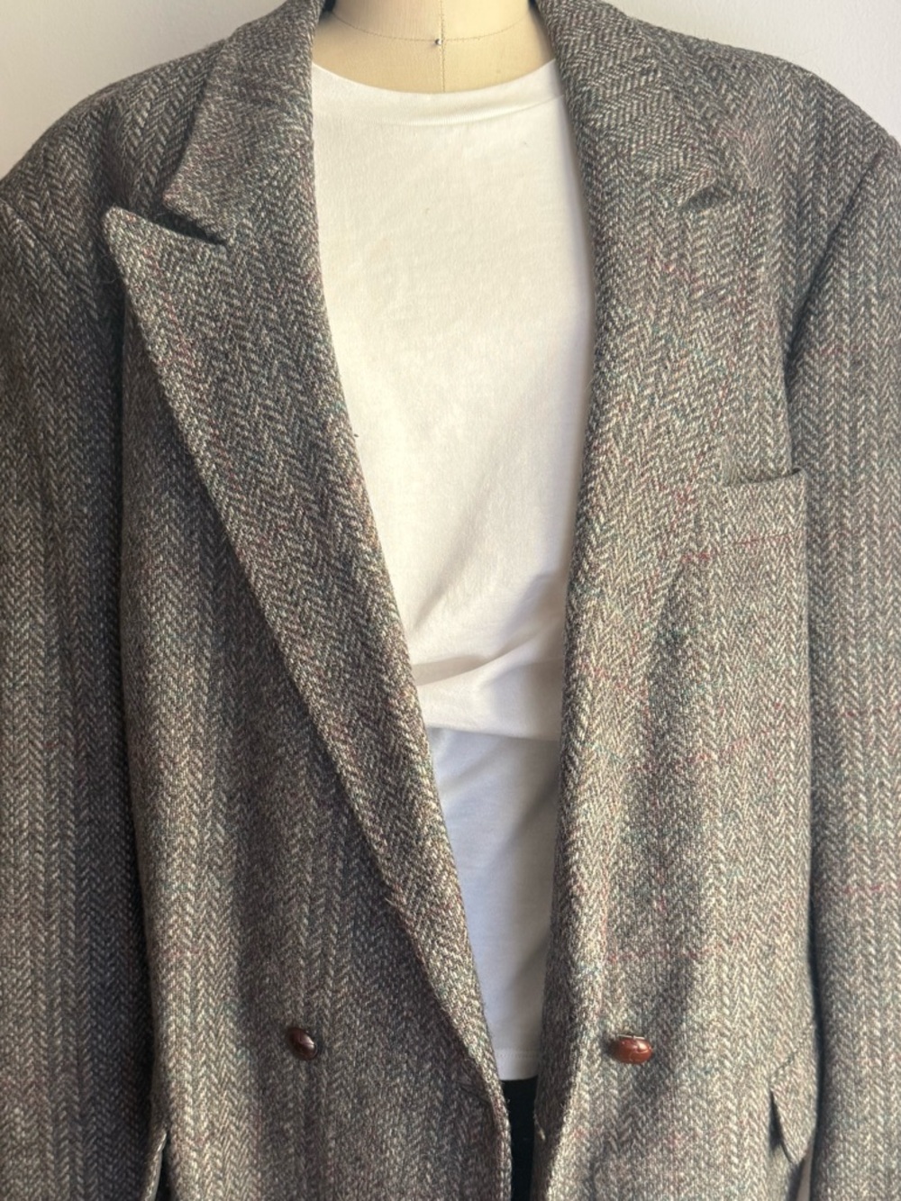 Vintage Gray Herringbone Wool Blazer Lightweight Spring Tailor Double Breasted